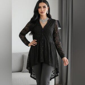 Boston Proper SZ L Witchy Black Floral Lace Long Sleeve V-Neck HI-Lo Hem Duster
